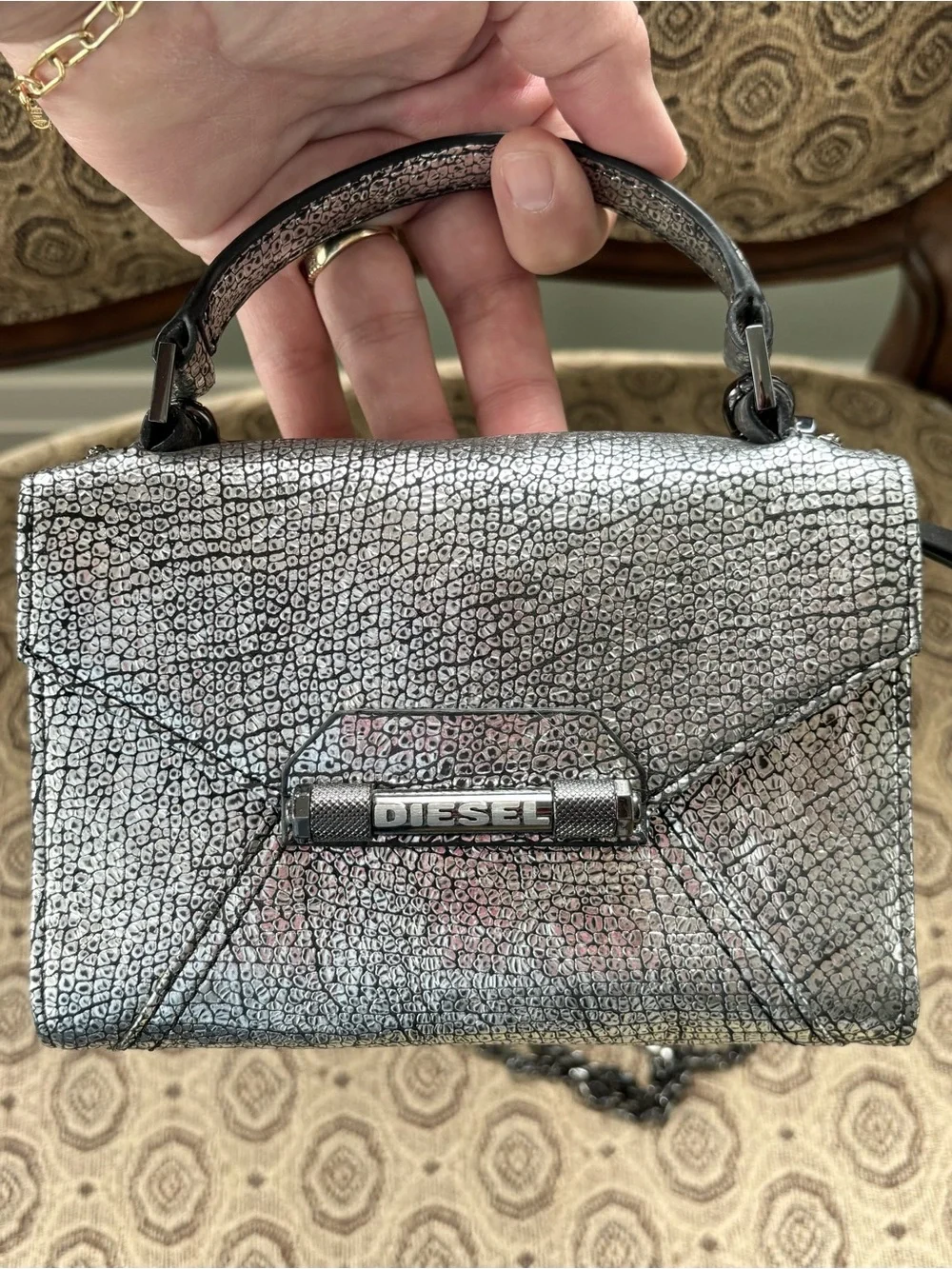 Diesel Metallic Silver Leather  Crossbody Chain Wallet Purse - Picture 11 of 11